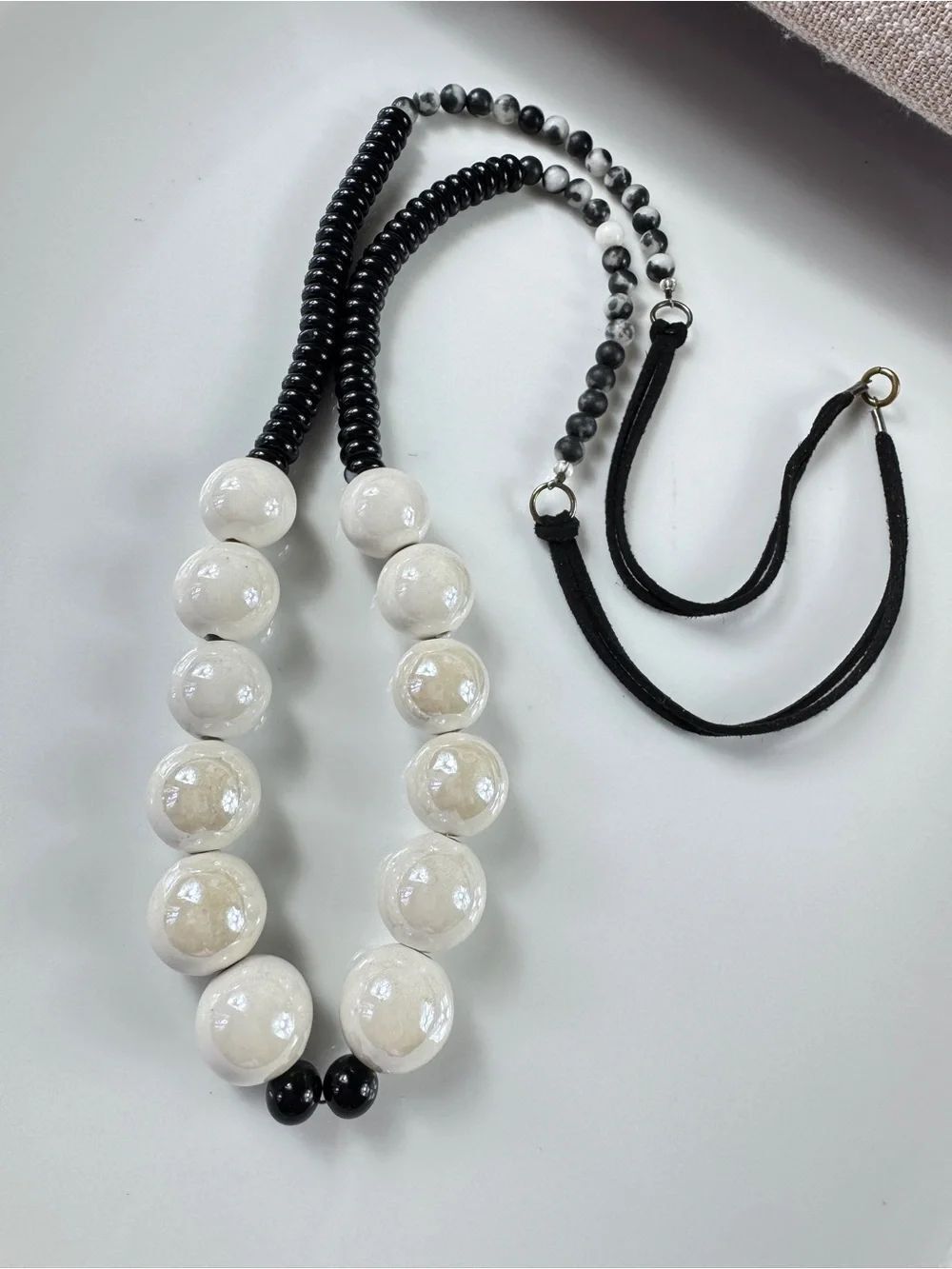 Glossy White Glass Bead Necklace with Black Glass Accent & Stone Beads